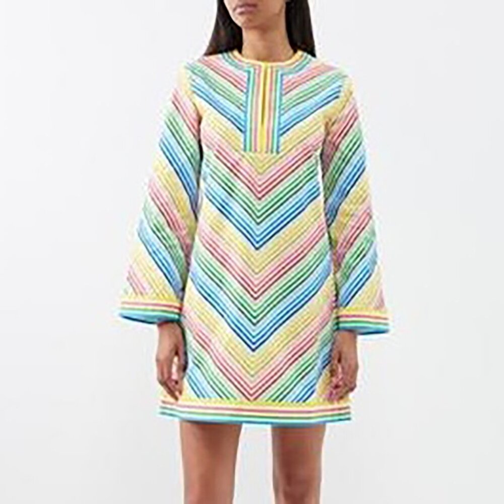 Mary Katrantzou Rainbow Stripe Caftan Tunic Top Stamp Scalloped Edge US 2